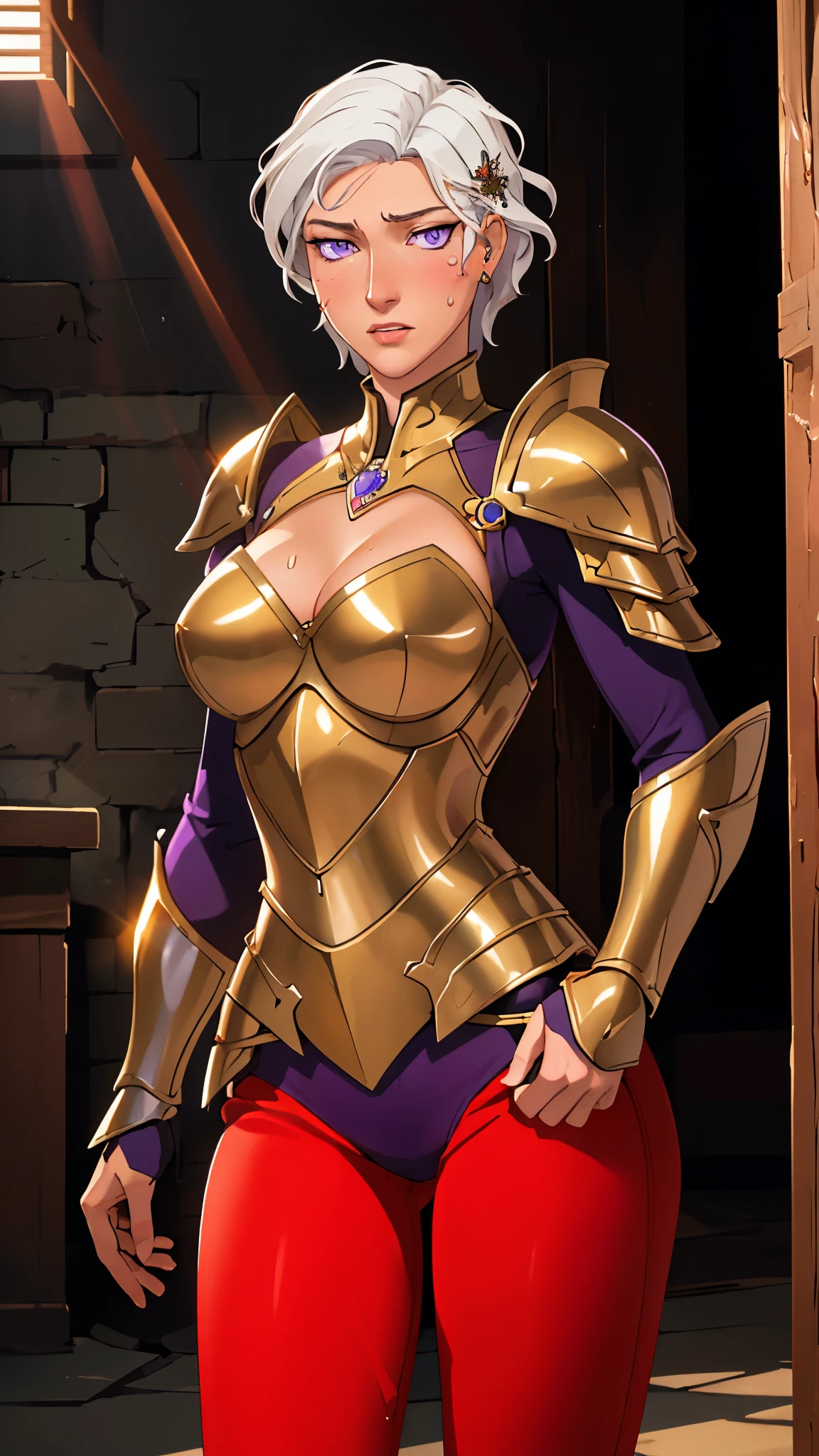 ((((masterpiece, best quality, high resolution)))), Extremely detailed 8K, Beautiful girl with voluptuous body, (Ultra HD, Ultra-detailed, Highly detailed, Highly realistic, Ultra-realistic, photograph realistic), (1girl:1.5), (Realistic white hair), (short wavy hair, hair ornaments, earrings), (dynamic poses), facing at camera, looking at viewer, (blushing red, embarrassed), (purple eyes, sharp eyes), (perky breasts:1.2), (beautiful detailed face, beautiful detailed eyes), ((broken armour, breasts plate, thighs)), (standing up), sweat, glow, (sunbeam, sunlight), ((cowboy shot)), inside dungeon, seductive