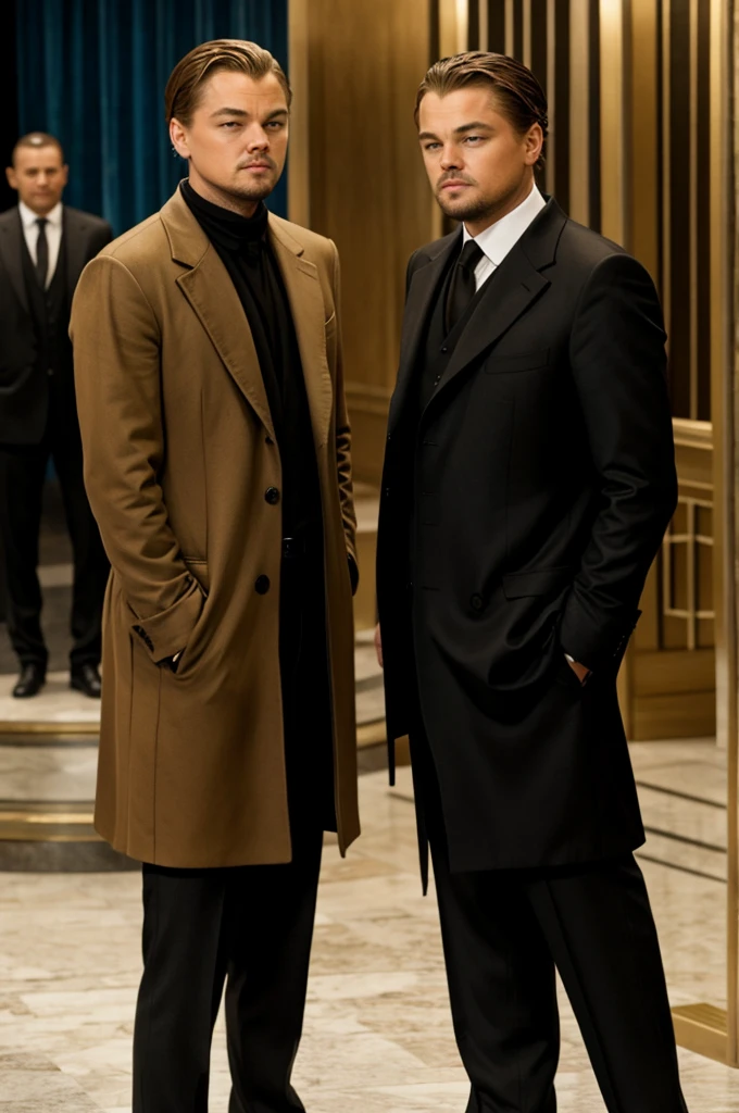 Two politicians wearing suits and ties with a disturbing smile viewed from the front in a room with luxurious items in the background, in a hyper-realistic art style inspired by Chuck Close, with meticulous attention to the textures and details of their suits and the opulent setting, cool color temperature, unnervingly exaggerated grins on their faces, sharp and precise lighting, creating a stark and discomforting atmosphere.