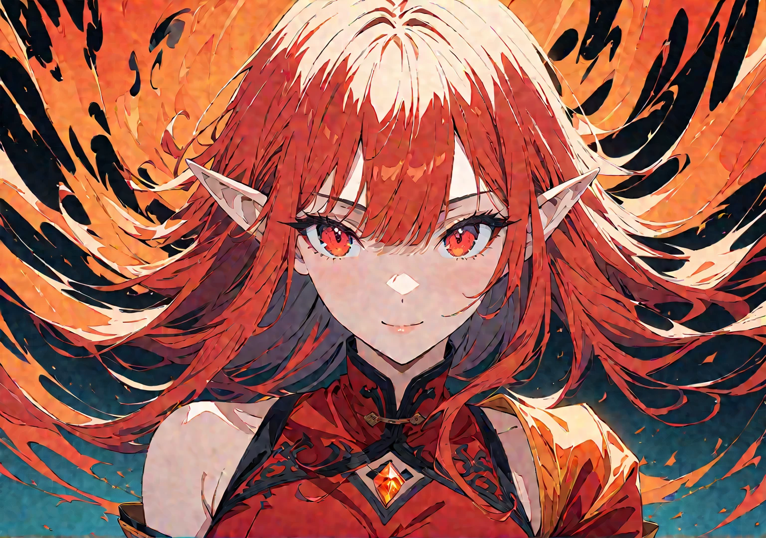 ((half body Portrait of a fire elf)), animestile, red flowing hair, shiny red eyes,( medium length pointy ears),orange fire around, flaming theme, burning atmosphere, (detailed sexy Chinese style costume:1.2), red glowing tattoos, orange crystal jewelry, light smile, mature body, colorful ,by Mappa studios,masterpiece,best quality,official art,illustration,ligne claire,(cool_color),perfect composition,absurdres, fantasy,focused,rule of third, close up portrait