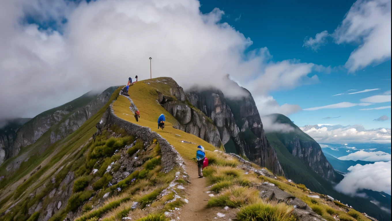 Three climbers on a steep mountain top. Ropes and escakada material. Contemplating the Panoramic View. White and gray clouds. intense colours. 
