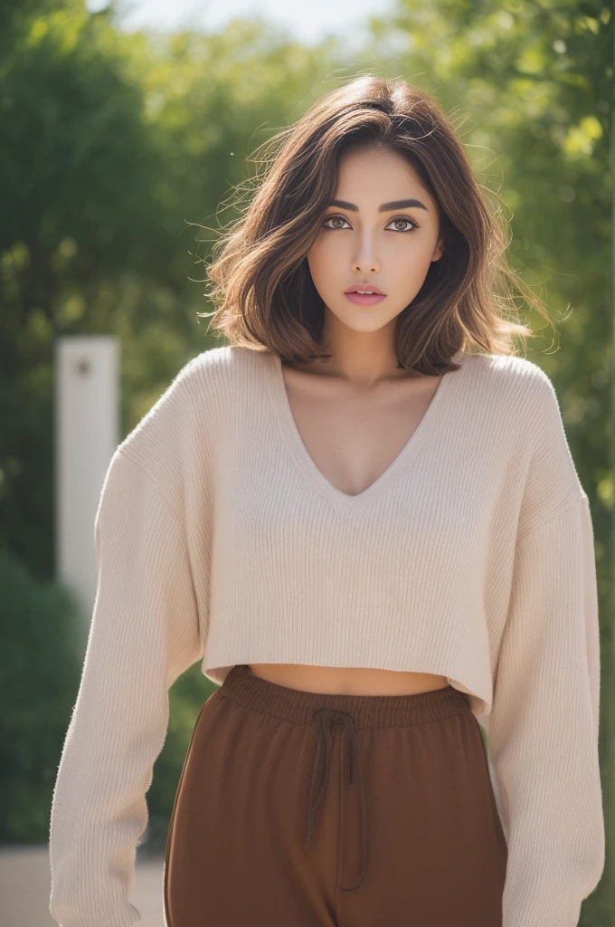 ((Realistic lighting, Best Quality, 8K, masutepiece, Full body portrait: 1.3)), Clear focus: 1.2, girl with, Perfect figure: 1.4, Slim abs: 1.1, ((dark brown curly hair、gradation hair)), (Parkers and joggers: 1.4), Super fine face, Fine eyes, Double eyelids, Woman posing outdoors, a portrait inspired by Gina Pellón, Instagram, tachisme, Violet Myers, lorena avarez, olivia culpo, alanis guillen, Looks like Laura Barrierless, Portrait Sophie Mudd, tanned ameera al taweel, beautiful japanese female