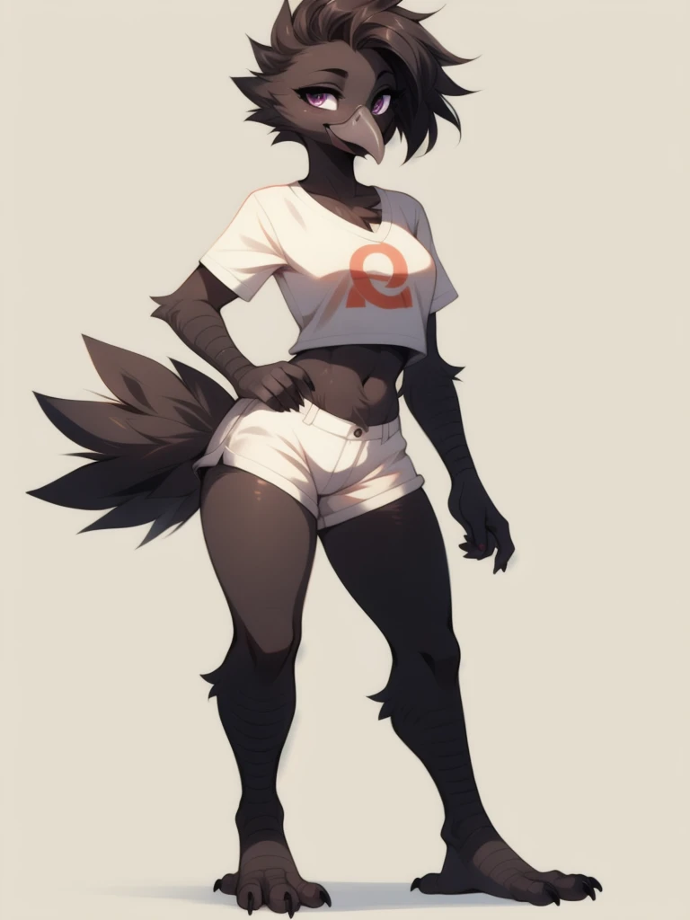 By fumiko, by hyattlen, an Anthropomorphic avian crow girl, female, small grey beak, tall and slender, small crow tail, black body, standing, white background, purple eyes, hands with five fingers, wearing white shirt, white short shorts, full body shot, 4 toes