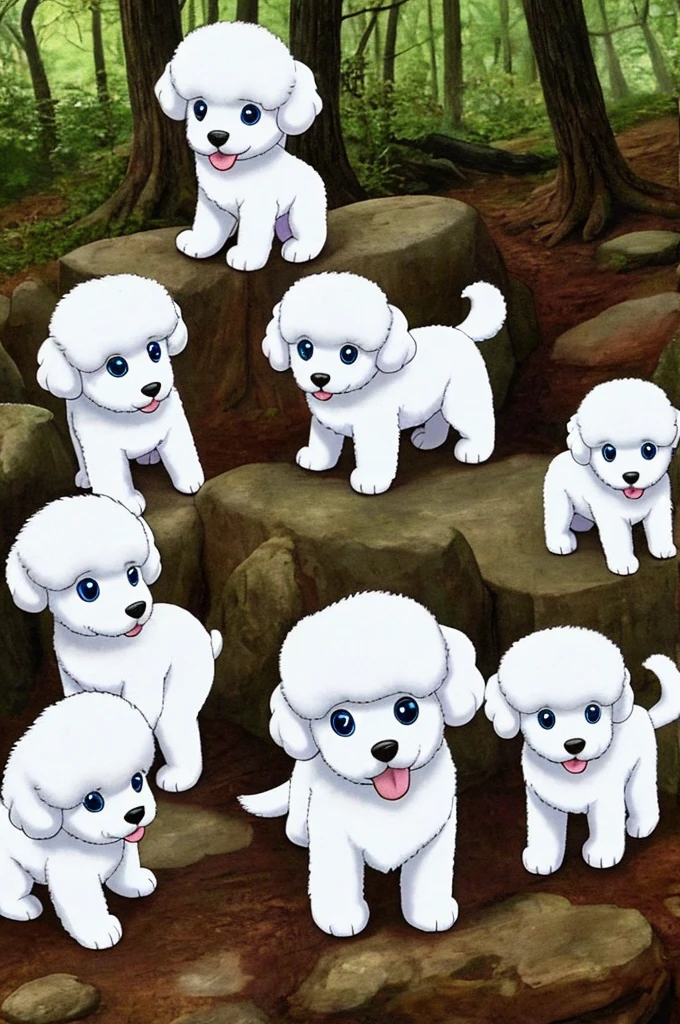 Five adorable white furry poodle puppies sitting in a nice quiet forest
