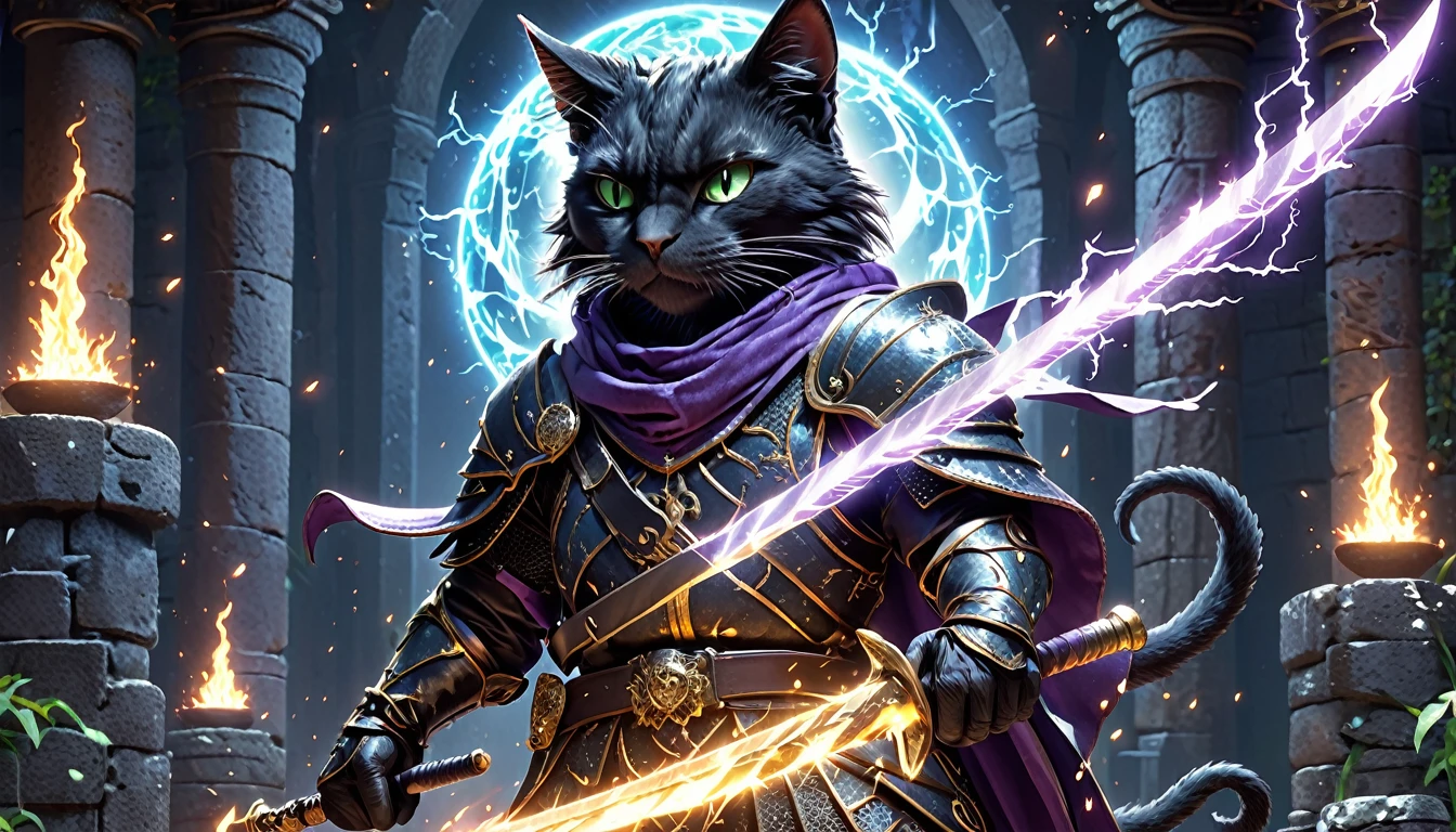 ((four characters)), (cat knight, black armor, holding a sword surrounded by flames), (monkey martial artist, striking a fighting pose with lightning fists), (bush dog samurai, black armor, holding a Japanese sword in each hand), (green parrot wizard, wizard's hat and robe, wand in each hand, with a purple magic circle coming out of the tip of his wand). ), in dungeon, twilight, 4K, 3dcg, sparks flying, high resolution, masterpiece, high quality, super detailed, ultra detailed, ultra realistic, fantasy world, dragon quest like world, medieval european world, drone with top angle, 3d fluffy, cute big round reflective eyes, Pixar rendering, Unreal Cinematic Smooth Engine, elaborate detail, Unreal