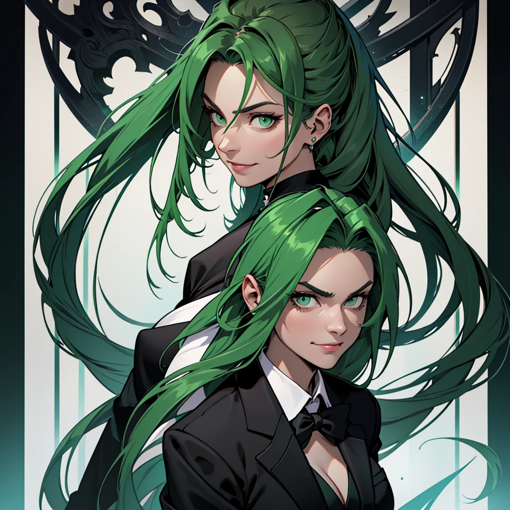 A 30 year old woman, woman, female, just one person, just one person, dark green hair, long hair, dark green eyes, serious face, malicious smile, big chest, medieval period, wearing a suit, black suit, tuxedo, wearing a black tuxedo, medieval background, Ultra HD 4k, 4k, Ultra HD