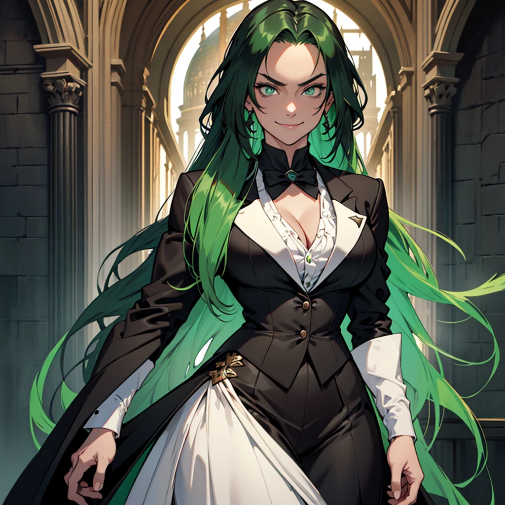 A 30 year old woman, woman, female, just one person, just one person, dark green hair, long hair, dark green eyes, serious face, malicious smile, big chest, medieval period, wearing a suit, black suit, tuxedo, wearing a black tuxedo, medieval background, Ultra HD 4k, 4k, Ultra HD