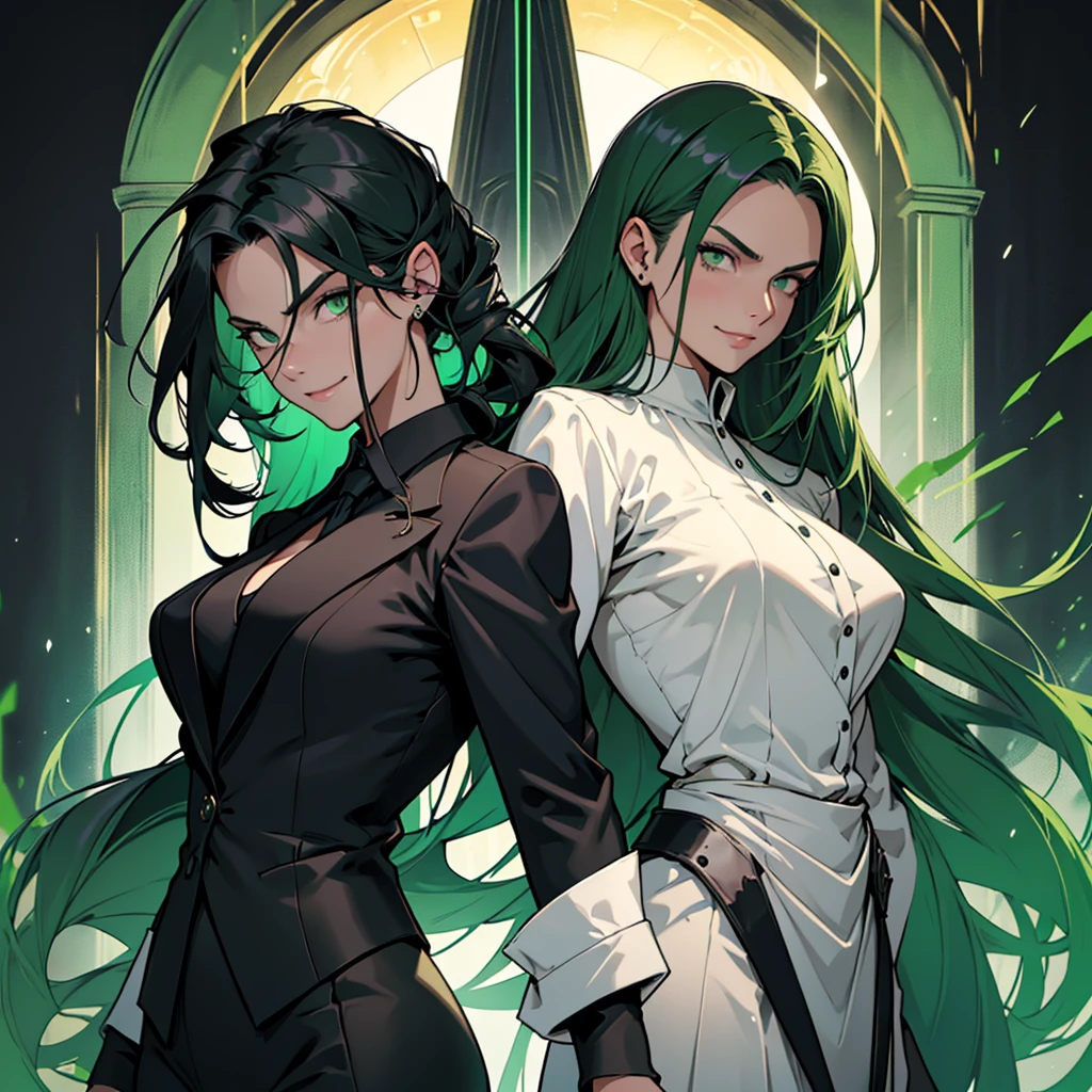 A 30 year old woman, woman, female, just one person, just one person, dark green hair, long hair, dark green eyes, serious face, malicious smile, big ?????, medieval period, wearing a suit, black suit, tuxedo, wearing a black tuxedo, medieval background, Ultra HD 4k, 4k, Ultra HD