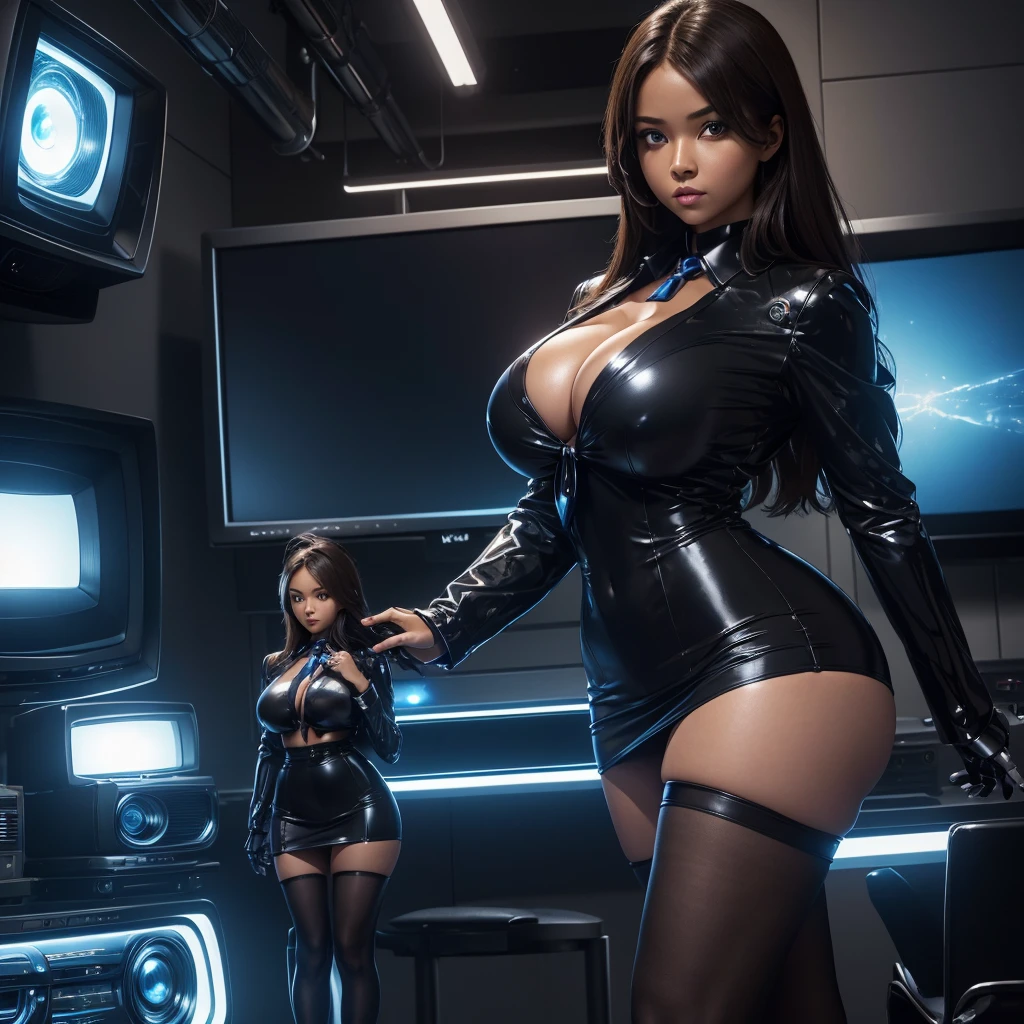 (masterpiece) (high Res), (robot), (Perfect face), (perfect anatomy) Television Head, woman in super tight clothes, (office suit), (mini skirt), shirt, tie, blue glowing eyes, huge breast, narrow waist, wide hips, thick thighs, Brown skin, metal body, black high heels, (TV Head), (tv girl), (Television Head)