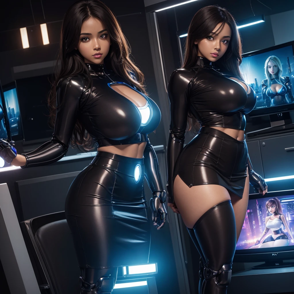 (masterpiece) (high Res), (robot), (Perfect face), (perfect anatomy) Television Head, woman in super tight clothes, (office suit), (mini skirt), shirt, tie, blue glowing eyes, huge breast, narrow waist, wide hips, thick thighs, Brown skin, metal body, black high heels, (TV Head), (tv girl), (Television Head)