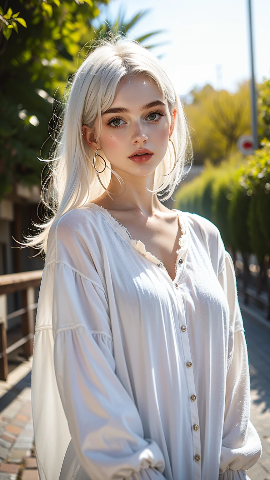 Woman, 160cm, 20 ans, white hair, outside background, 80c 