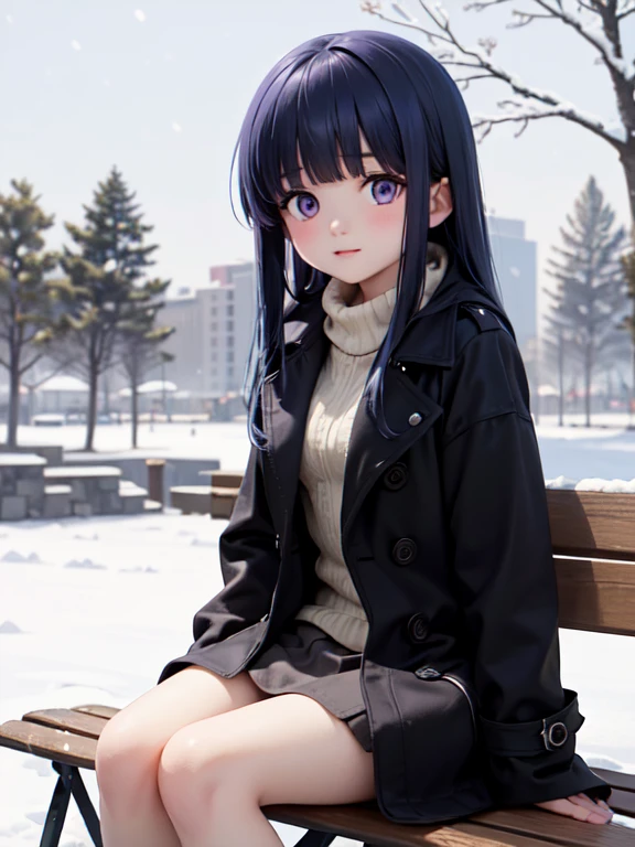 (Ultra-high resolution), (masterpiece), (Attention to detail), (high quality), (最high quality) , One Girl, (furude rika), Blue Hair, Purple eyes, Long Hair, blunt bangs, bangs,In the snowy park、A woman in a black trench coat is sitting on a bench。The snowy scenery creates a contrast、The seasonal feel is clearly expressed。
