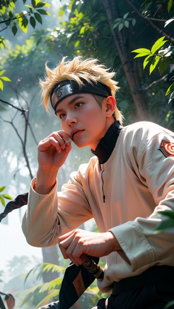 (best quality), (masterpiece), ultra-detailed, 1boy, uzumaki naruto, epic pose, action, combat, particle effects, long sleeve, emphasis lines, movement lines, (swirling:1.2), kamehameha, electricity, aura, combat in the forest vs samurai 1.4, combat in the forest bamboo,