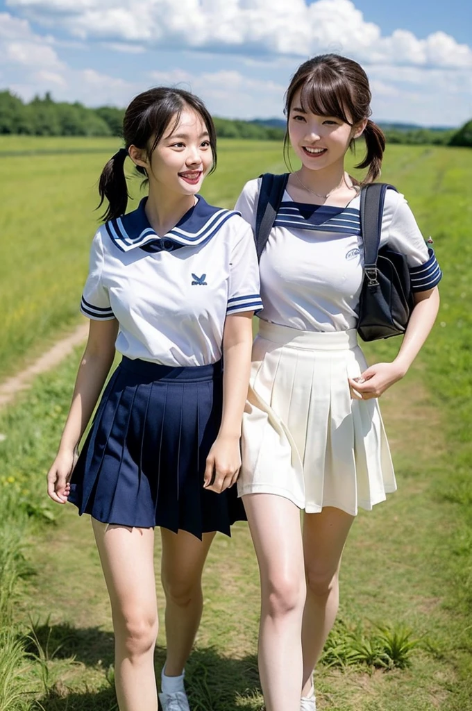 2 girls walking in rural field,long train on far side,cumulonimbus cloud in summer blue sky,white sailor shirt,navy blue pleated skirt,student bag,18-year-old,bangs,a little smile,thighs,knees,wet short hair with low pigtails bunches,from beside,front light