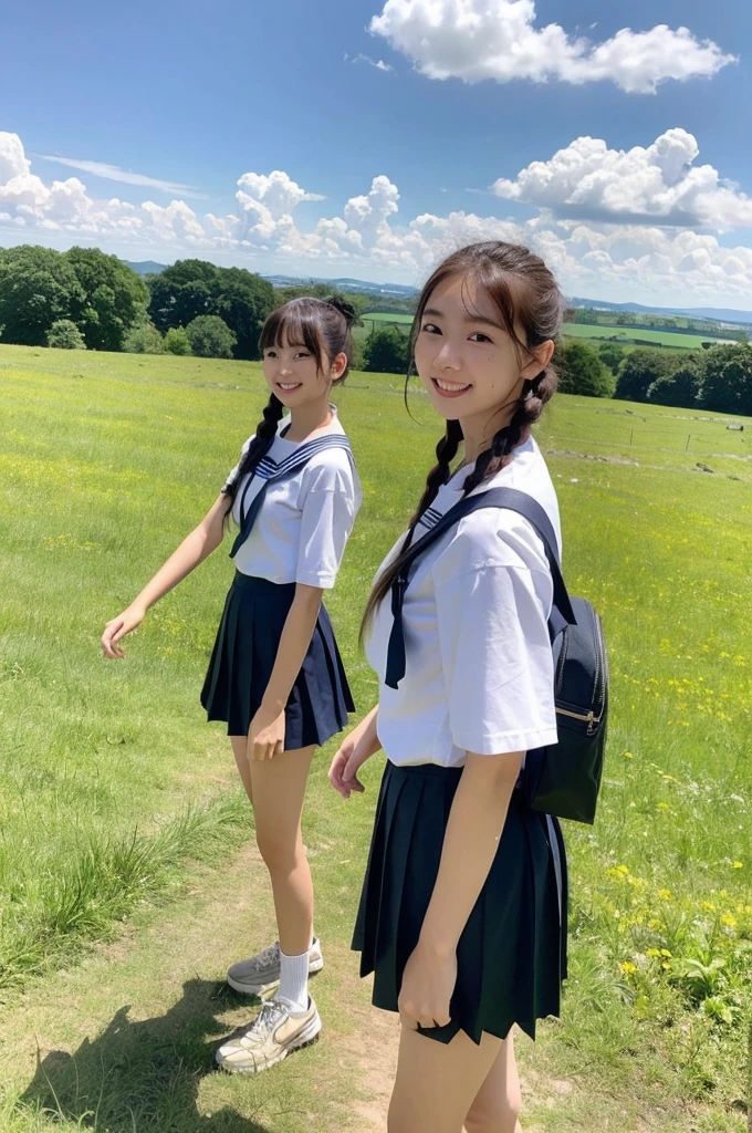 2 girls walking in rural field,long train on far side,cumulonimbus cloud in summer blue sky,white sailor shirt,navy blue pleated skirt,student bag,18-year-old,bangs,a little smile,thighs,knees,wet short hair with low pigtails bunches,from beside,front light