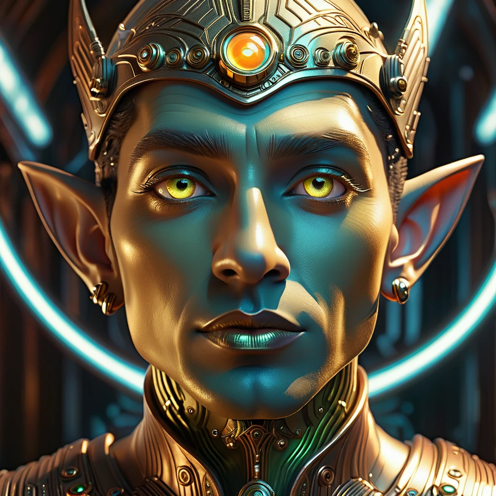 cyborg elf man,art deco face portrait,glowing eyes,bronze,brass,gold,silver,electrum,copper,chrome,beautiful detailed eyes,beautiful detailed lips,extremely detailed face,longeyelashes,intricate details,futuristic,photorealistic,8k,masterpiece,professional,vivid colors,studio lighting,physically-based rendering,concept art