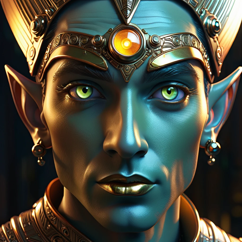 cyborg elf man,art deco face portrait,glowing eyes,bronze,brass,gold,silver,electrum,copper,chrome,beautiful detailed eyes,beautiful detailed lips,extremely detailed face,longeyelashes,intricate details,futuristic,photorealistic,8k,masterpiece,professional,vivid colors,studio lighting,physically-based rendering,concept art