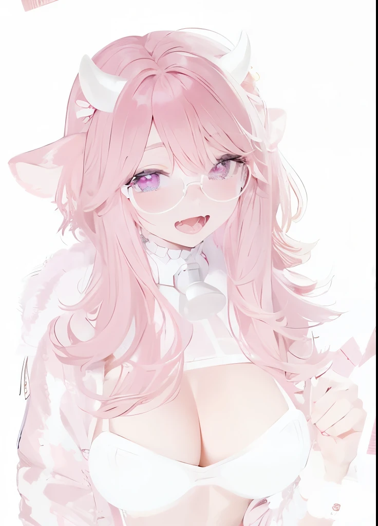 IMVU, pink hair, pink heart eyes, white round glasses, pale skin, white and pink cow ears, white horns with pink bows, fuzzy white jacket with pink spots, pink cowbell choker, kawaii, soft, high quality, masterpiece, 8k