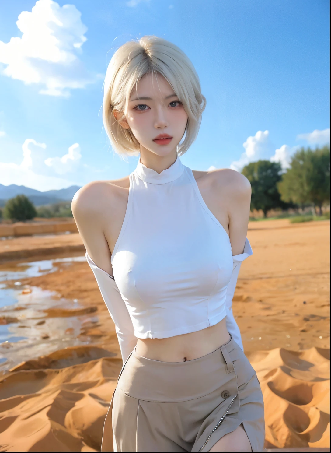 Beautiful woman with perfect figure:1.4,Swimming background,Desert Background,Ultra-high resolution,Seductive laughter,wear glasses,(lifelike:1.4),Layered Hairstyle,White皮肤,Super short pleated skirt,whole body,Very delicate face and skin texture,Double eyelids,Skin Whitening,Long hair,White hair,White,