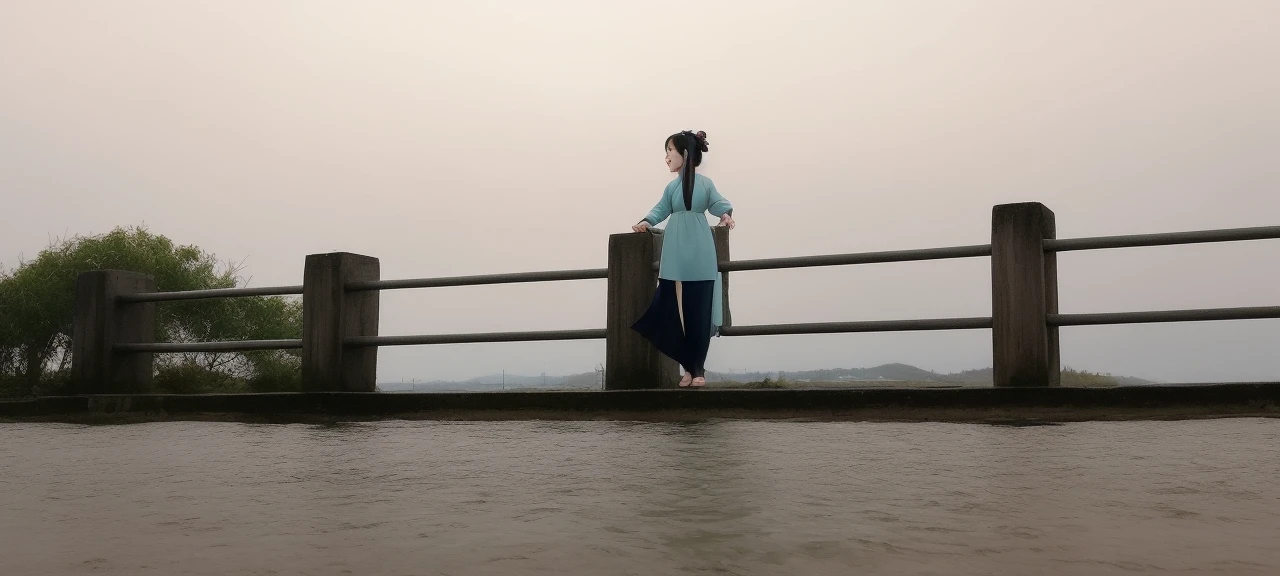 ((4k,masterpiece,best quality)), shuimobysim, traditional chinese ink painting, lotus, hanfu, maxiskit, dress conservatively
1girl, solo, long blue hair, smile, standing, feet in the water, barefoot,