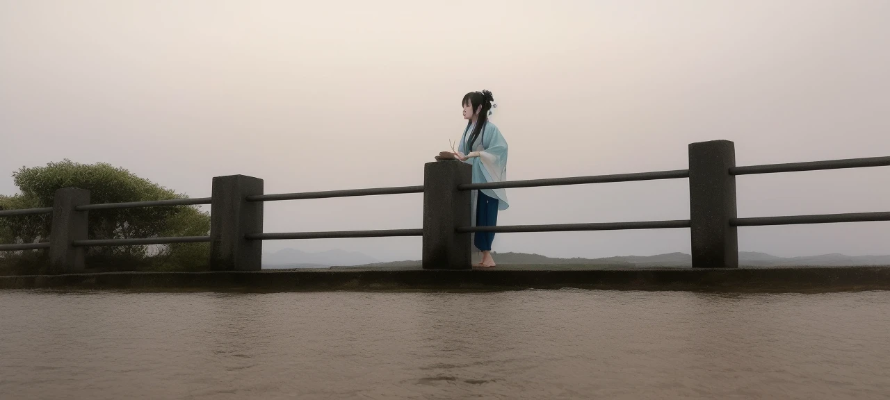 ((4k,masterpiece,best quality)), shuimobysim, traditional chinese ink painting, lotus,  hanfu, maxiskit, dress conservatively
1girl, solo, long blue hair, smile, standing, feet in the water, barefoot,
 