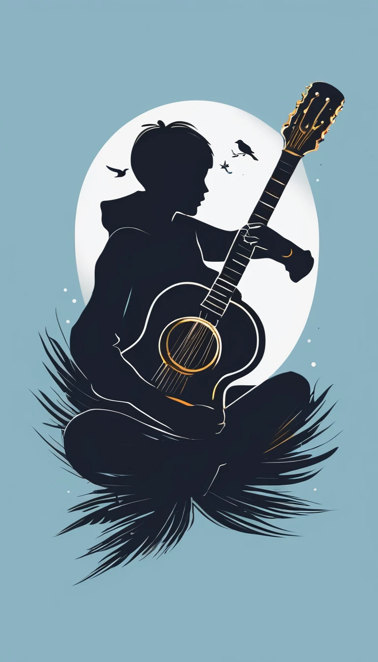 A minimal, modern, simple, cinematic logo design for the brand “Penamemoria". The logo design must be a simple, silhouette of a boy, standing up, playing acoustic guitar and fantasy feather by his side. The logo must convey a sense of music, stories, memories and dreams. Logo design impressed on a book cover. Minimalistic logo. Light blue, white and soft golden as colors for the logo design