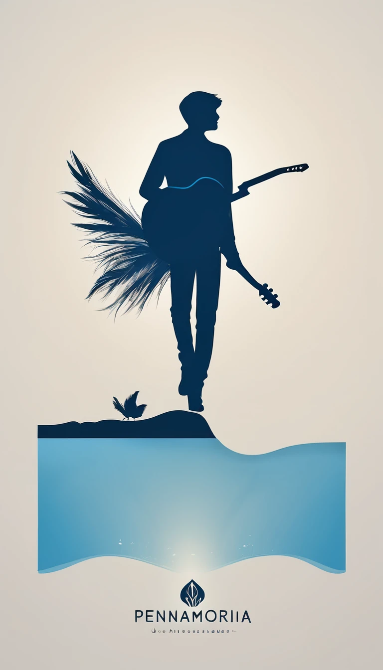 A minimal, modern, simple, cinematic logo design for the brand “Penamemoria". The logo design must be a simple, silhouette of a boy, standing up, playing acoustic guitar and fantasy feather by his side. The logo must convey a sense of music, stories, memories and dreams. Logo design impressed on a book cover. Minimalistic logo. Light blue, white and soft golden as colors for the logo design
