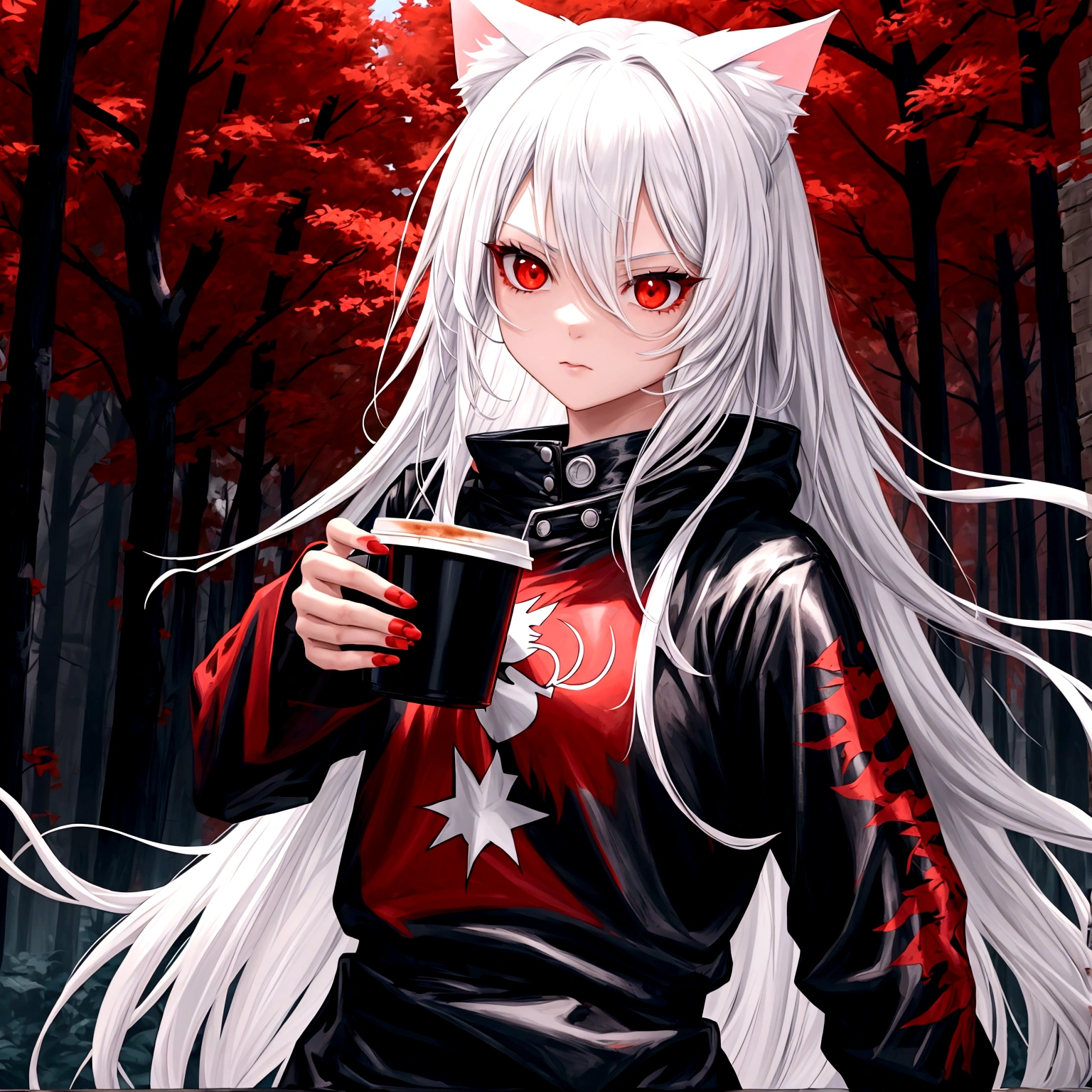 1 girl, beautiful, cool, intimidation, long hair, white hair, cat ear, red eye, black jacket, red t-shirt, holding a coffee, nature place, anime, perfect, masterpiece