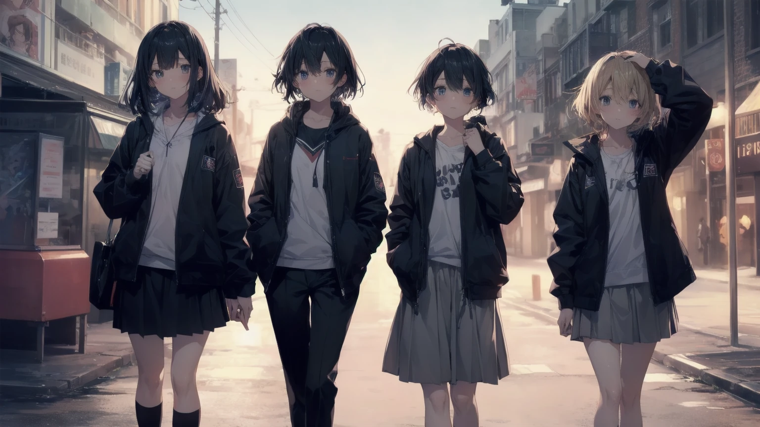 Super high quality by Art God, Super detailed, High resolution, Anime Moe Art Style, Best Anime 8K Konachan Wallpaper, pixiv Contest Winner, Perfect Anatomy, break,(Please draw a girl walking sleepily to school.. ),break, One girl, (alone,change,,:1.3),Complete limbs, Full Finger,, The charm of androgyny, (Very short hair), Sleeping hair, Messy Hair, Flat Chest, Small Ass, between legs, Small eyes,Beautiful and exquisite black eyes, Well-proportioned iris and pupil, Disgusted Eyes,  High resolutionの詳細な髪, , skirt, School zone. break,Highly detailed skin, Best lighting by famous artists, 8K, figure,
