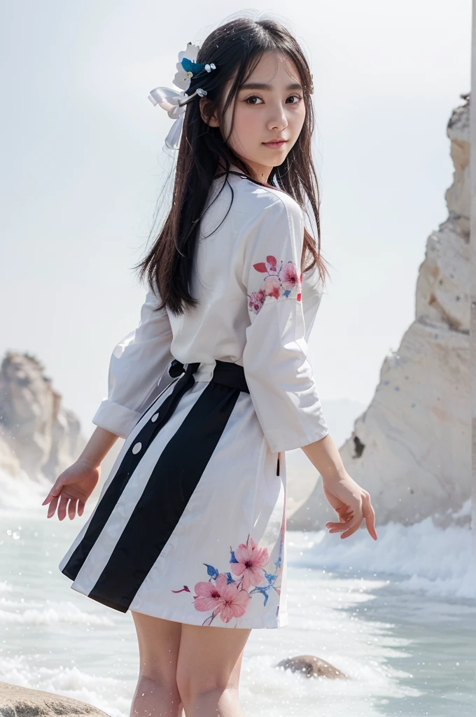 stechu,(white background:1.4), ((tachi-e)), original,(illustration:1.1),(best quality),(masterpiece:1.1),(extremely detailed CG unity 8k wallpaper:1.1), (colorful:0.9),(panorama shot:1.4),(solo:1.2), (ink splashing),(color splashing),((watercolor)), clear sharp focus,{ 1girl standing },((korean style )),flower background,outdoors,rocks, looking at viewer, make happy expressions,soft smile,pure,beautyfull detailed face and eyes,beautyfull intricacy clothing decorative pattern details, black hair,black eyes,colorwater