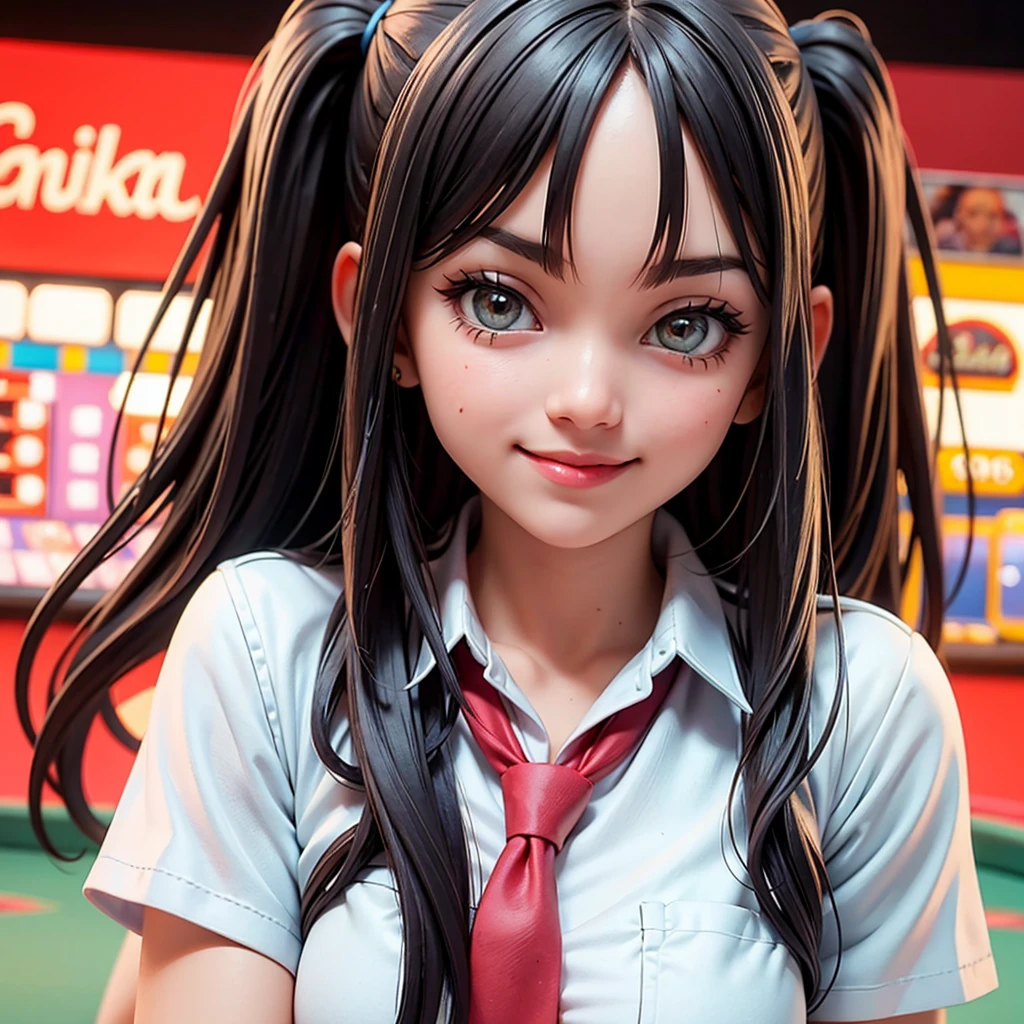 happy and smile, {{indonesian girl}}, {wearing high school uniform}, teasing and waiting customer play, standing, playing in casino, red casino background, polite and kind, Sweet Face, roulette table, poker table, all in one casino place, colourfull background