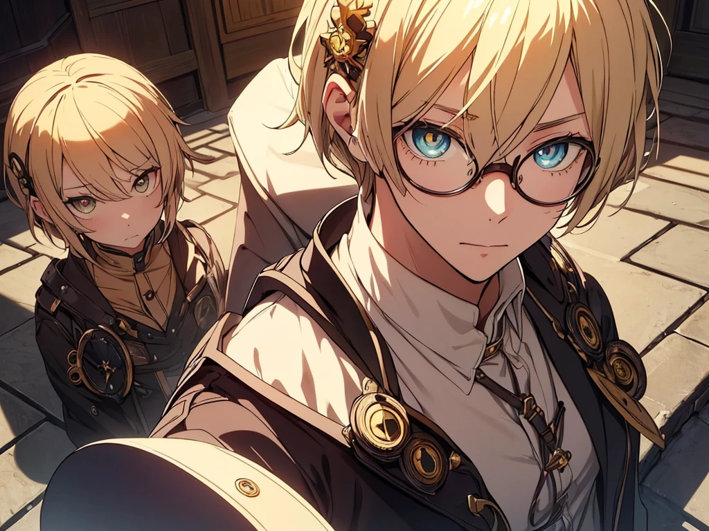 Blonde, Round Glasses, cool, (Gear Accessories), anime, beautiful, masterpiece, Highest quality, (1male性:1.5), (Shining Eyes:1.3), (Beautifully detailed eyes:1.1)、[[Delicate fingers and hands:0.55]::0.85], (Detailed reference),male, maleらしく, male, (Not as it really is), (bad), (Yankee), No chest, short hair length, One person