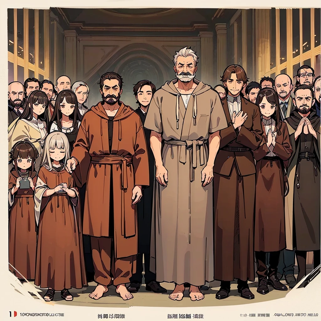 ((((Full body character concept、10 people))))、Highest quality, Best Quality,Best illustrationiddle ages、(((Simple brown robe)))、(40-year-old uncle、Kaiser moustache)、(Close your eyes、Close your eyes、smile)、dance