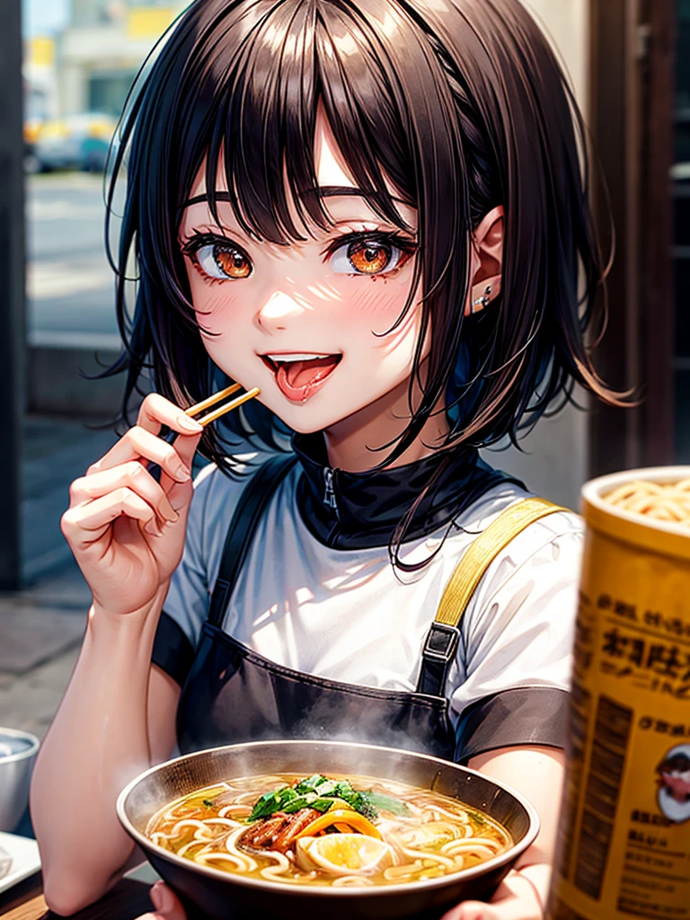 Highest Resolution,Highest quality,Smiling while looking at the ramen,Girl with open mouth and saliva dripping,Black short hair,up,