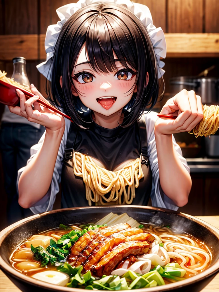 Highest Resolution,Highest quality,Smiling while looking at the ramen,Girl with open mouth and saliva dripping,Black short hair,up,