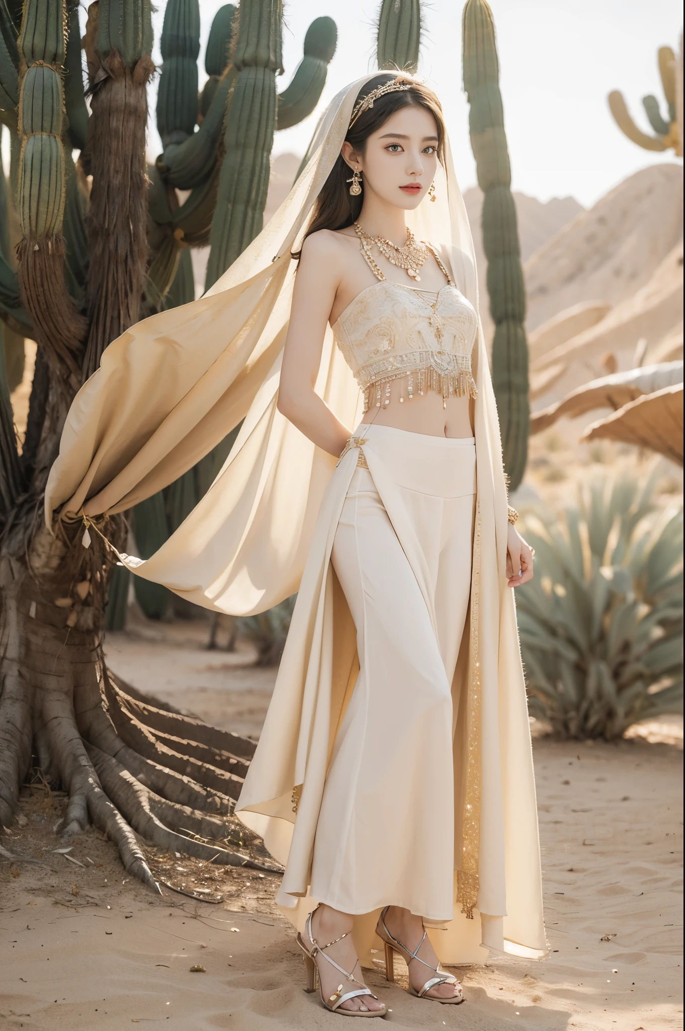 (((best quality))),(((ultra detailed))),(((masterpiece))),illustration,1girl, solo,princess, Arabic,slim,thin, ((palace, desert)),gold, gemstones,headscarf, veil on face,white sheer traditional clothing, hairband, deep eyes, elegant face, subtle smile,earrings,necklace,slender legs,high heels,sunlight, shining, serene, environment,day scene,out door,standing,((full body,from front)),((small breasts,flat chest,arms behind back))