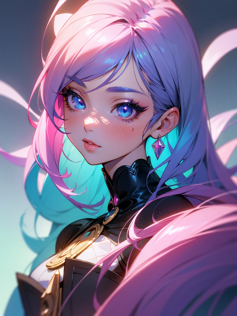 1 baby girl, anime style, detailed portrait, beautiful detailed eyes, beautiful detailed lips, extremely detailed face, long eyelashes, dual color hair (pink:1.5, blue:0.3), colorful pastel palette, magical fantasy setting, (best quality, 4k, 8k, highres, masterpiece:1.2), ultra-detailed, HDR, UHD, studio lighting, vivid colors, intricate details
