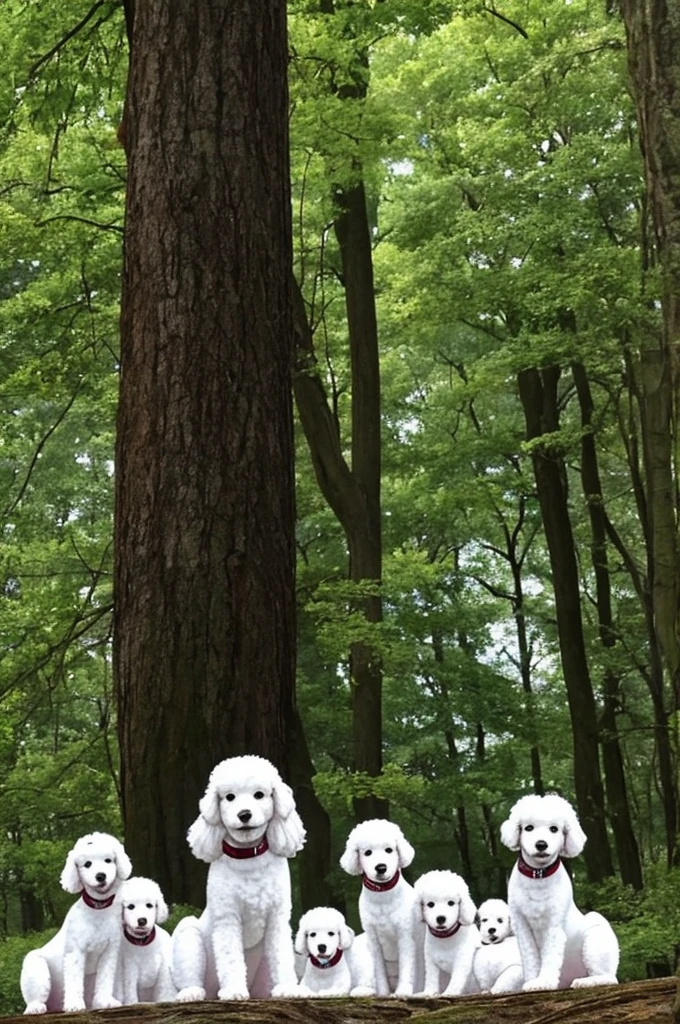 5 white fluffy poodle puppies sitting in a nice quiet forest