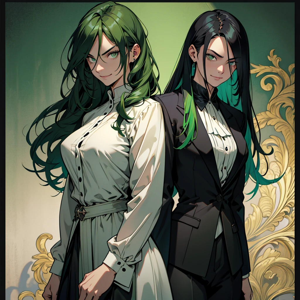 A 30 year old woman, woman, female, just one person, just one person, dark green hair, long hair, dark green eyes, serious face, malicious smile, big chest, medieval period, wearing a suit, black suit, tuxedo, wearing a black tuxedo, medieval background, Ultra HD 4k, 4k, Ultra HD
