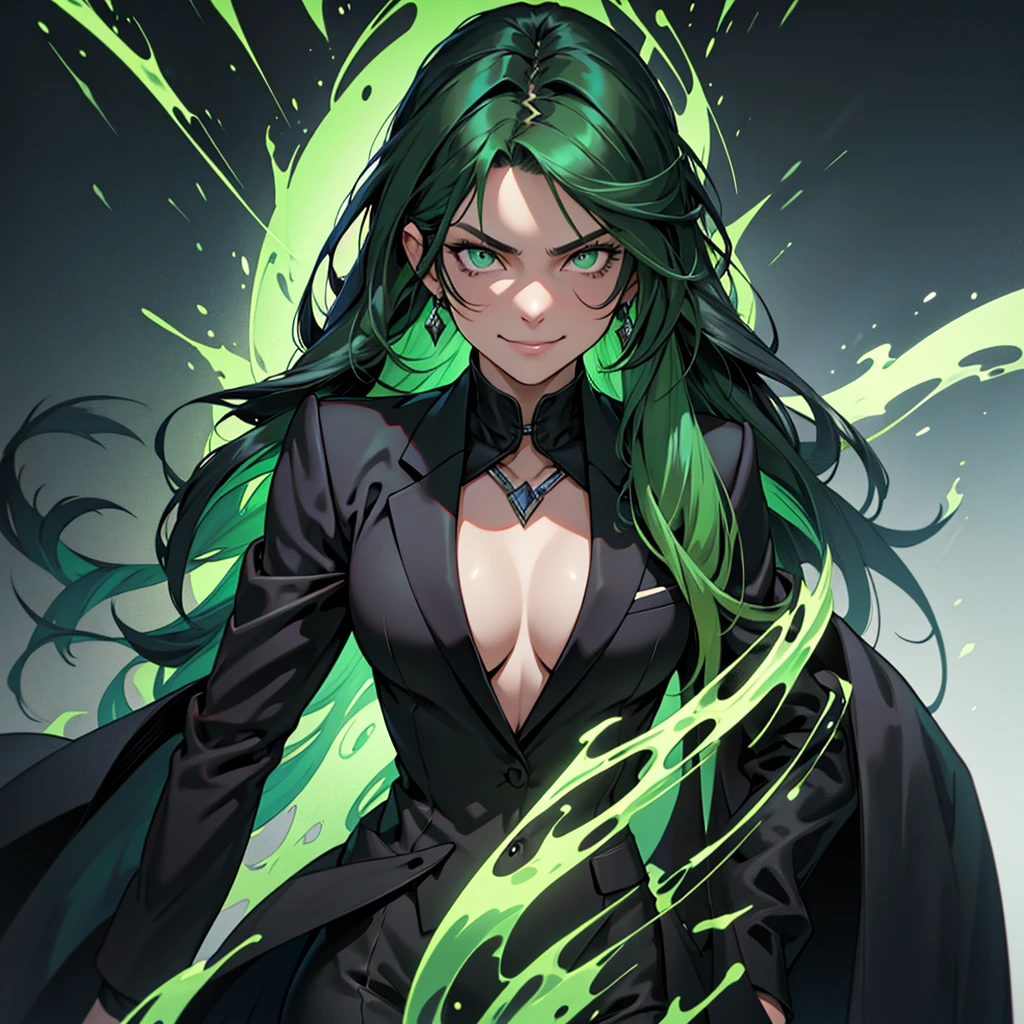 A 30 year old woman, woman, female, just one person, just one person, dark green hair, long hair, dark green eyes, serious face, malicious smile, big chest, medieval period, wearing a suit, black suit, tuxedo, wearing a black tuxedo, medieval background, Ultra HD 4k, 4k, Ultra HD