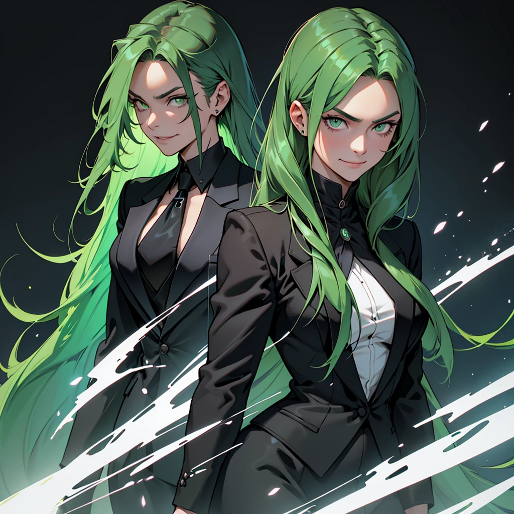 A 30 year old woman, woman, female, just one person, just one person, dark green hair, long hair, dark green eyes, serious face, malicious smile, big chest, medieval period, wearing a suit, black suit, tuxedo, wearing a black tuxedo, medieval background, Ultra HD 4k, 4k, Ultra HD