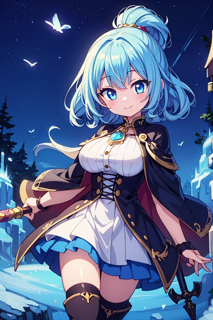 Fantasy,((Masterpiece)),((high resolution)),((Best Quality)),Anime illustration,((1girl)),(wavy hair),(short hair),(pale blue hair color),small ponytail,headband,Indigo eyes,(Big round eyes),(Droopy eyes),(child),12 years old,((baby face)),((very big breasts)),Short stature,Young,(loli),,ice wizard,sleeveless white blouse,Blue mini skirt,slit,Brown corset,brown capelet,smile,,Brown long boots,wizard's wand with blue gem,