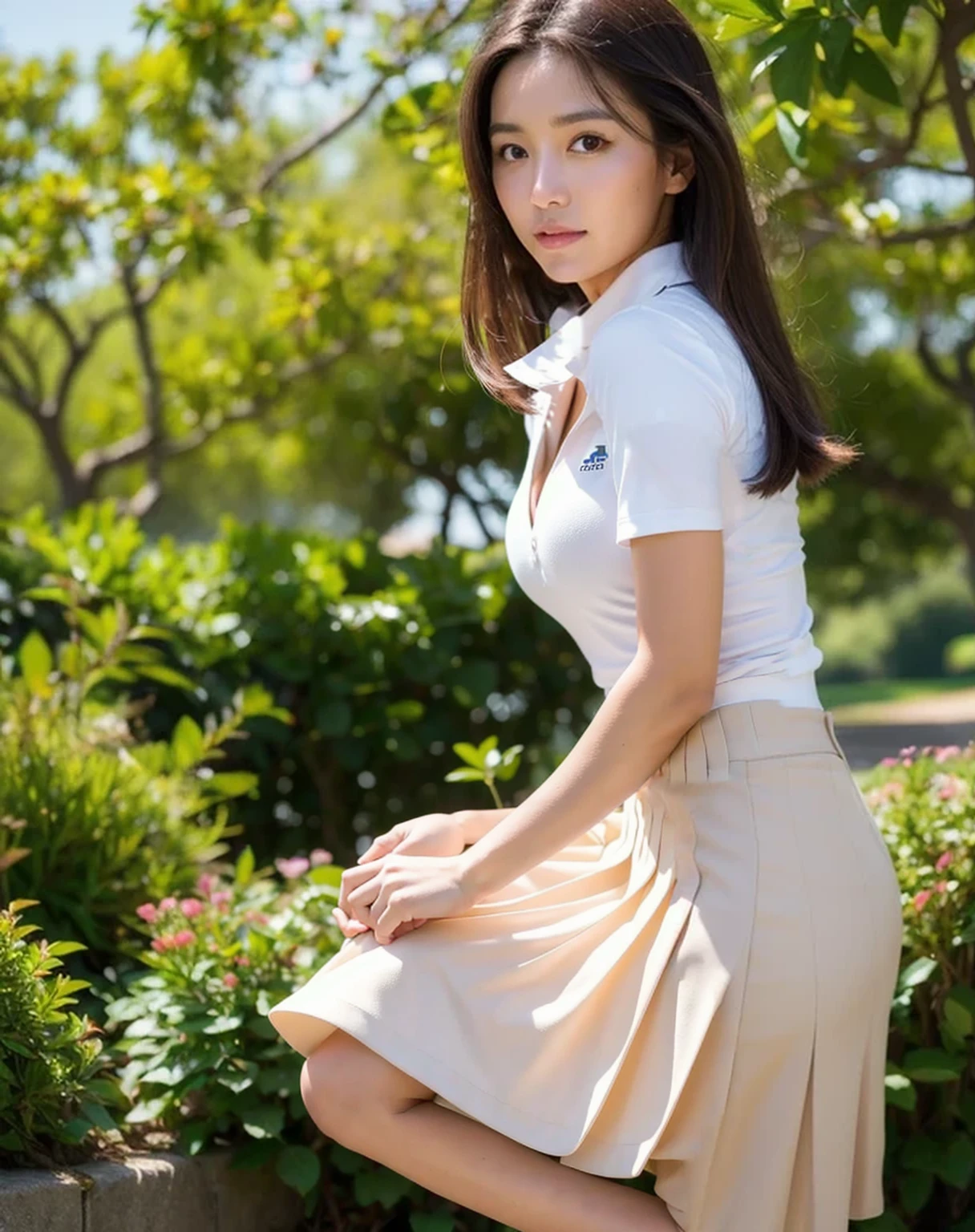 best quality, face focus, soft light, (realistic:1.4), raw photo, surreal, very natural, very detailed, in detail, highest resolution, 8K wallpapers, Complete dynamic configuration, beautiful detailed eyes, natural lip, sexy golf clothes , Tight collar, short pleated skirt, big bust, split, random sexy poses, whole body, natural makeup, A little cleavage, smile, Natural gaze, sun visor, 1 woman, female professional golf player, slightly tanned skin tone, Natural gaze, Pro Hyeonju Yoo