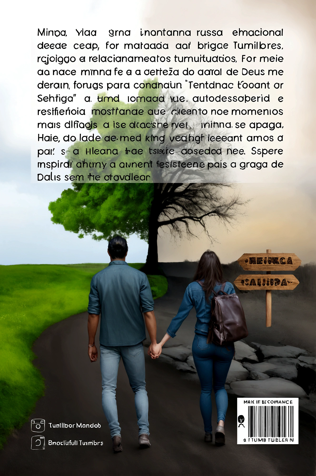 there is a skinny dark-skinned man of average size and a skinny woman with a BIG ASS walking down a road hand in hand, make the fingers with details Nándor Katona poster, tumblr, Realism, Book cover!!!!!!!!! !!! , art concept for book cover, cover illustration, poster, romance cover, emotional image, cover art, walking together, romance cover art for a book, realistic photo, photo manipulation, romance book cover