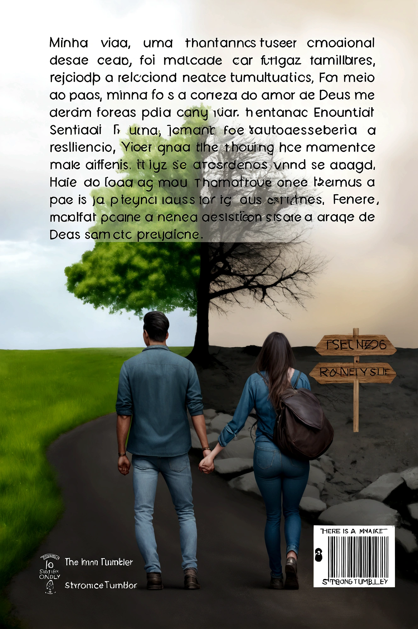 there is a skinny dark-skinned man of average size and a skinny woman with a BIG ASS walking down a road hand in hand, make the fingers with details Nándor Katona poster, tumblr, Realism, Book cover!!!!!!!!! !!! , art concept for book cover, cover illustration, poster, romance cover, emotional image, cover art, walking together, romance cover art for a book, realistic photo, photo manipulation, romance book cover