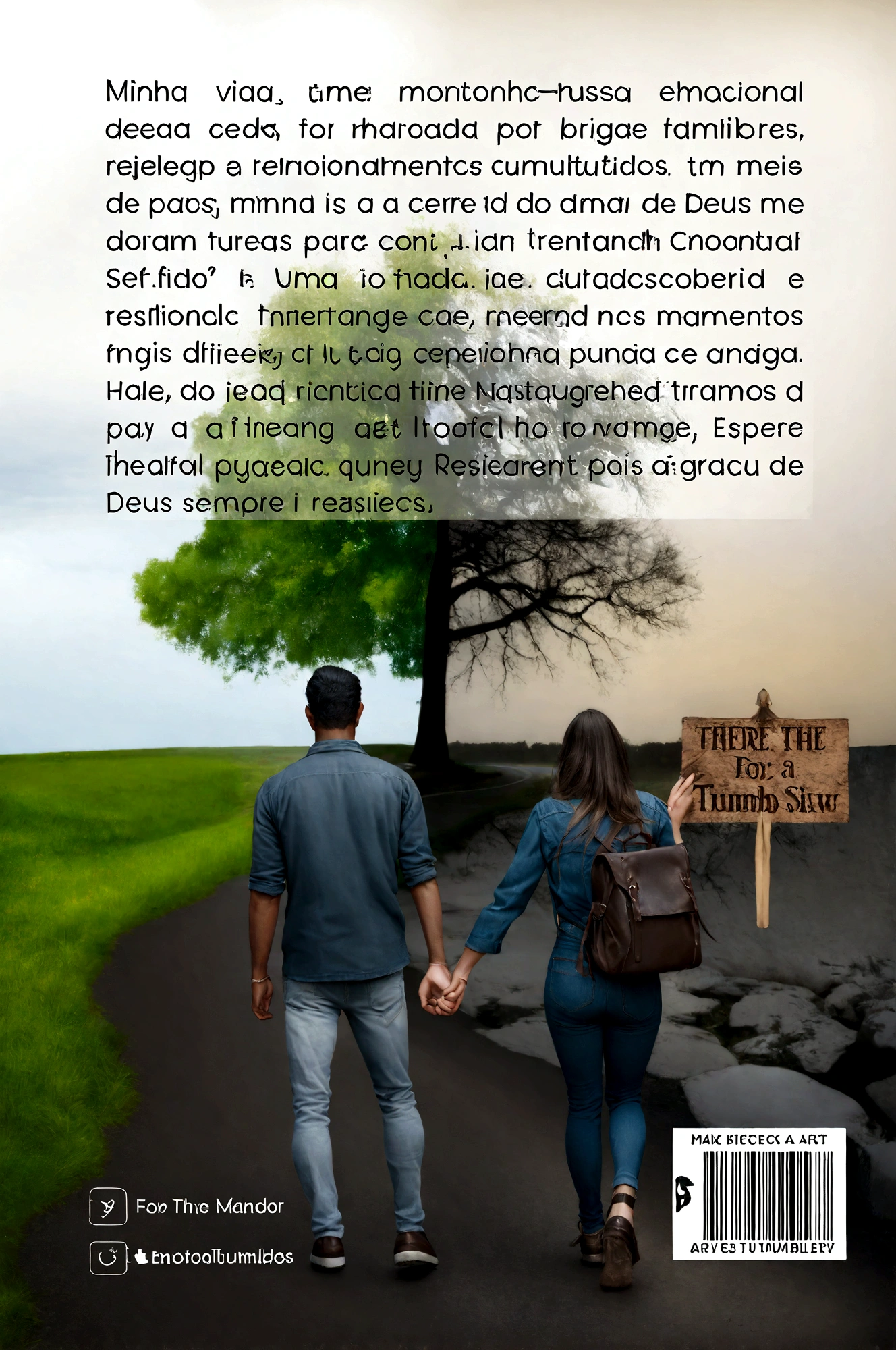there is a skinny dark-skinned man of average size and a skinny woman with a BIG ASS walking down a road hand in hand, make the fingers with details Nándor Katona poster, tumblr, Realism, Book cover!!!!!!!!! !!! , art concept for book cover, cover illustration, poster, romance cover, emotional image, cover art, walking together, romance cover art for a book, realistic photo, photo manipulation, romance book cover