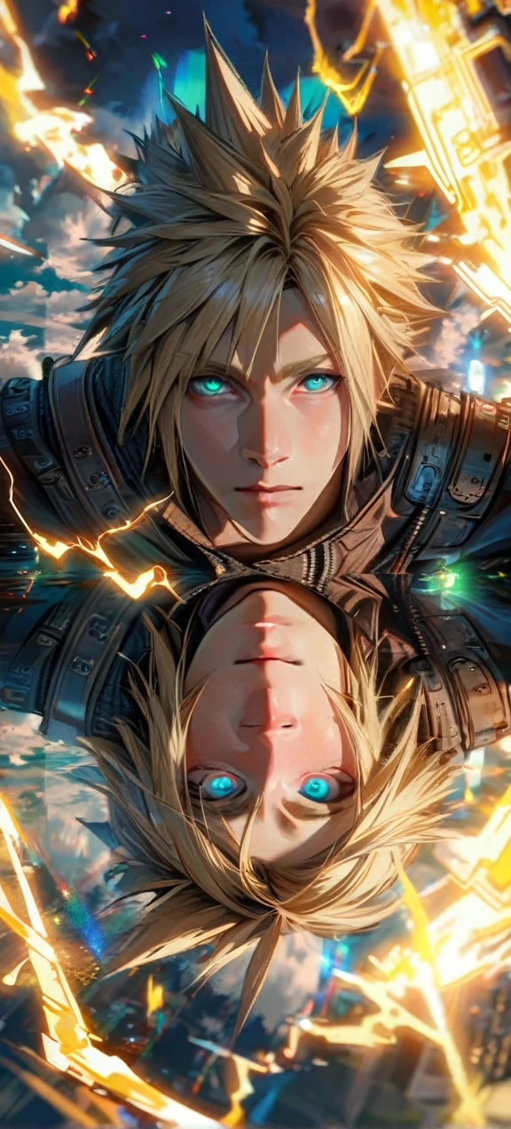 Symetrical,absurdres, highres, ultra detailed, HDR, masterpiece, extremely detailed face and eyes, Cloud Strife,final fantasy 7, yellow hair , , solo, man, handsome, ,, , cool pose, yellow lightning effect, glowing glitters, symetrical , full body view