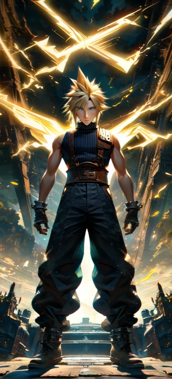 Symetrical,absurdres, highres, ultra detailed, HDR, masterpiece, extremely detailed face and eyes, Cloud Strife,final fantasy 7, yellow hair , , solo, man, handsome, ,, , cool pose, yellow lightning effect, glowing glitters, symetrical , full body view