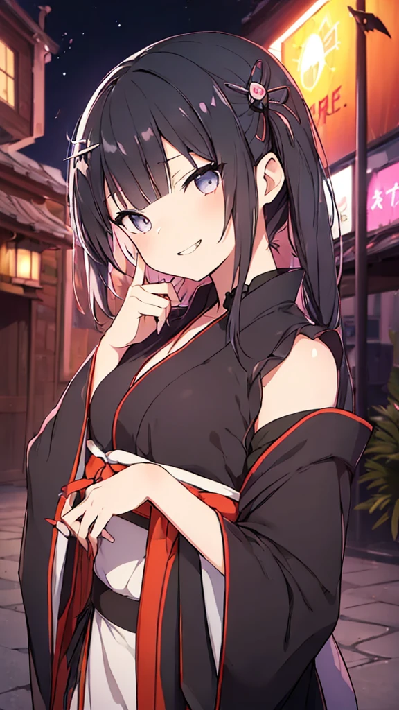 prompt（Re-adjusted version）
beautiful, masterpiece, Highest quality, HiqCG Body, anime, (1 Girl:1.5), (Small breasts:1.2), Portrait Shot, View your viewers, Wet Skin, Intricate details, Little Woman, Her eyes were shining like dreamy stars.,(Shining Eyes:1.3),(Beautifully detailed eyes:1.1)、[[Delicate fingers and hands:0.55]::0.85],(Detailed reference),(Thick black hair, Eyes are bright purple,(Sharp Eye:1.3), (tsurime:1.5), Twin tails,Straight Hair,(Asymmetrical bangs:1.2),(Blunt Bangs:1.3), (hairpin:1.2), Young face,Childlike,Small devil,Succubus,Vampire,Double teeth,Small corner),(kimono),Dynamic Pose,(yandere:1.1),(yandere smile:1.3),(smirk:1.3) ,Cleavage,High angle shot、(night:1.4)、(full moon:1.1),Focus on the chest,(Shake your head:1.2), Thick black hair, kimono, firework