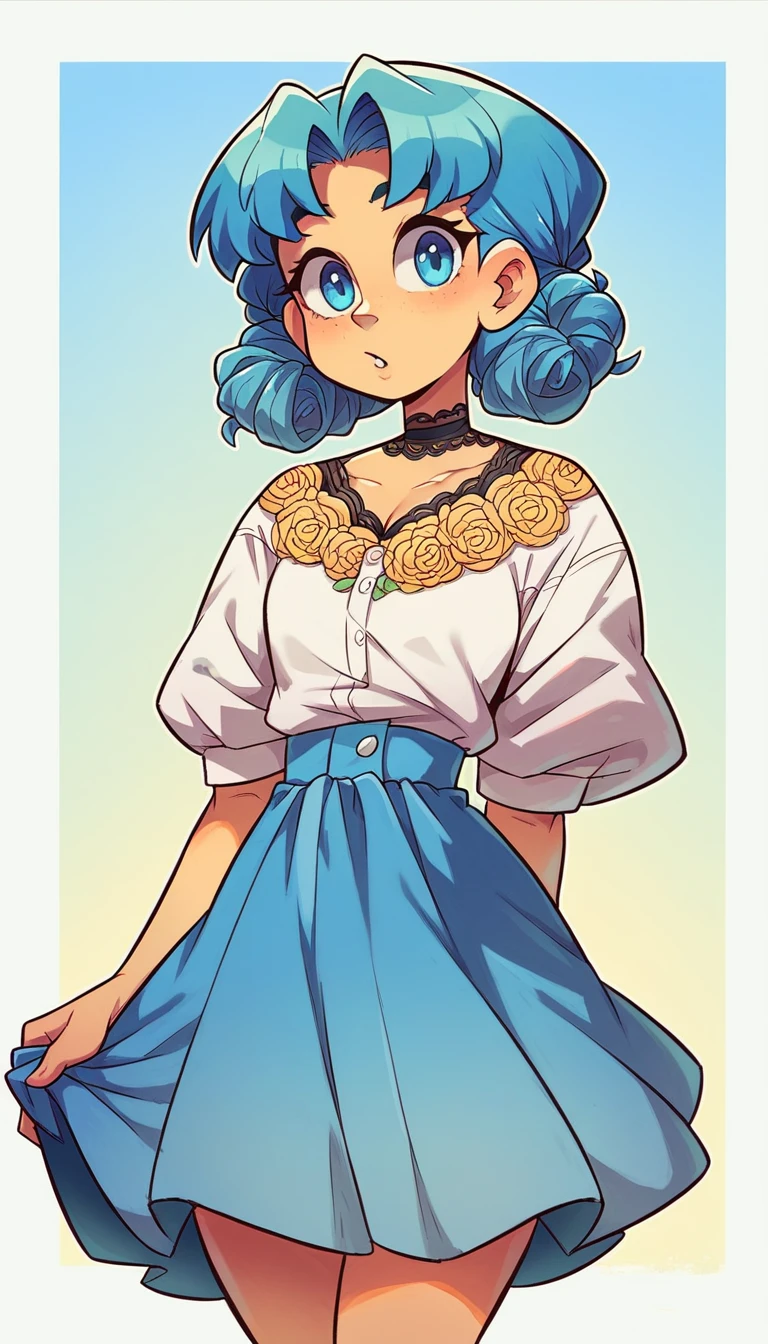 a cute girl beautiful attraction big chest blue hair Caribbean short round wearing shell hair her bright blue eye she dresses in a white shirt yellow lace thread collar and her long blue skirt sea shape yellow heel