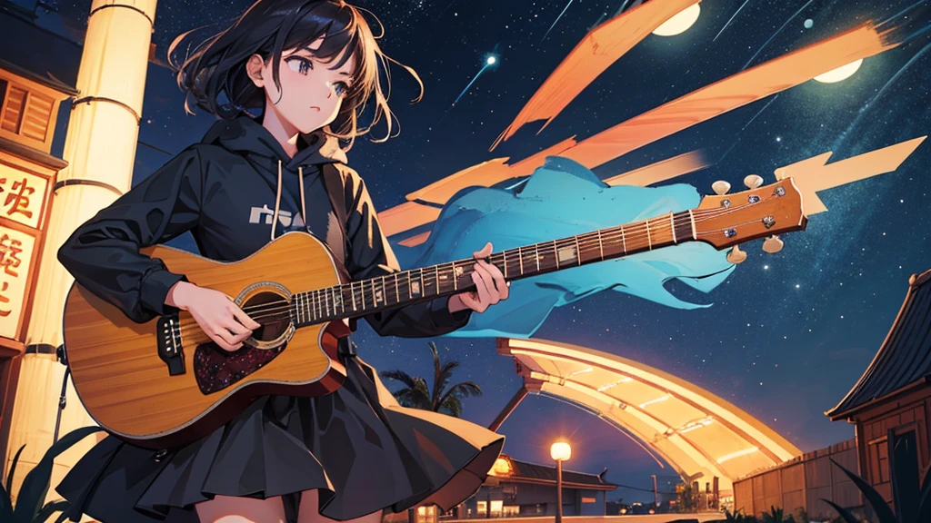 Time is night。At a fairly far distance、A girl around 15 years old is playing an acoustic guitar alone, looking lonely.。